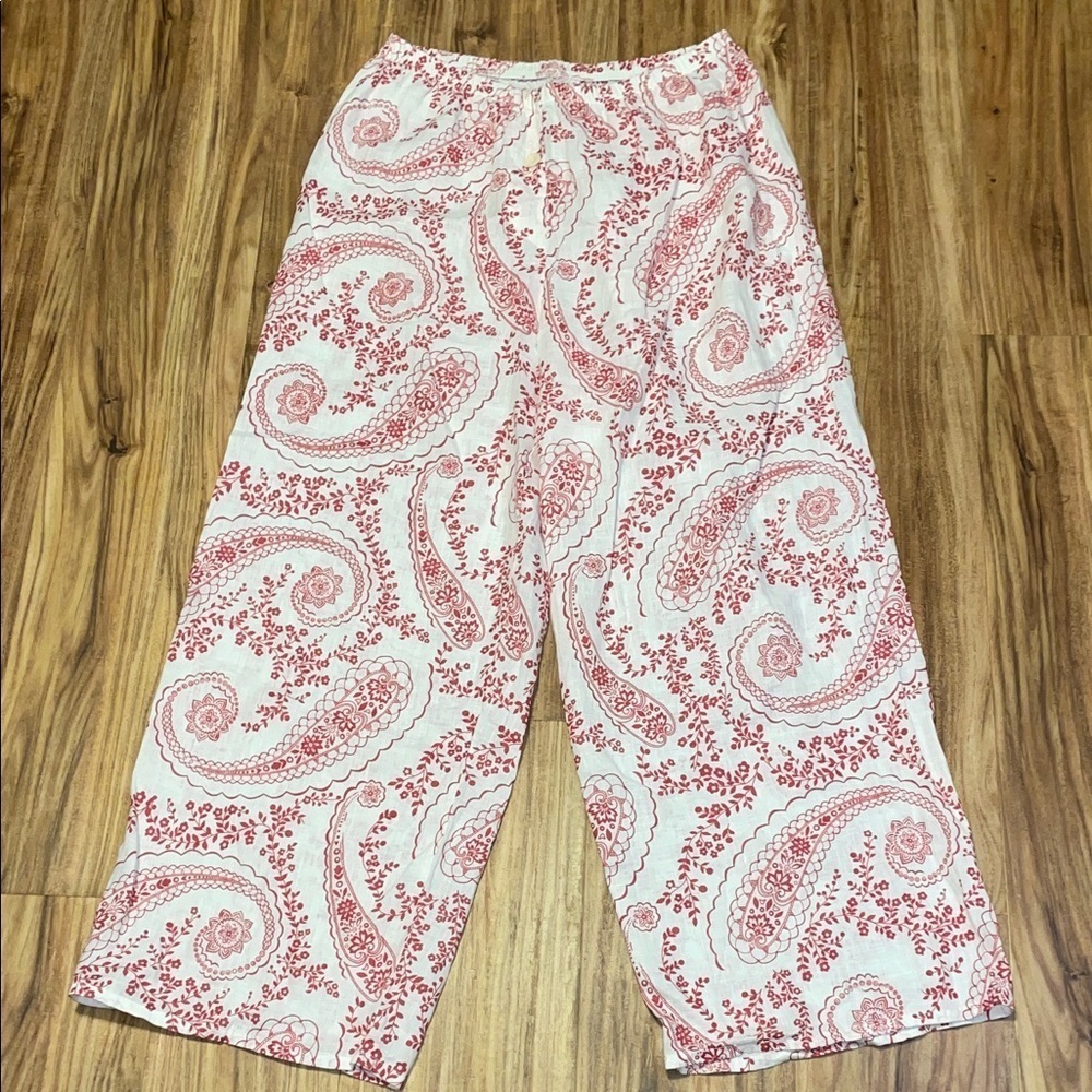 Flax women’s medium pants wide leg flowy linen Red White Paisley Casual nwot